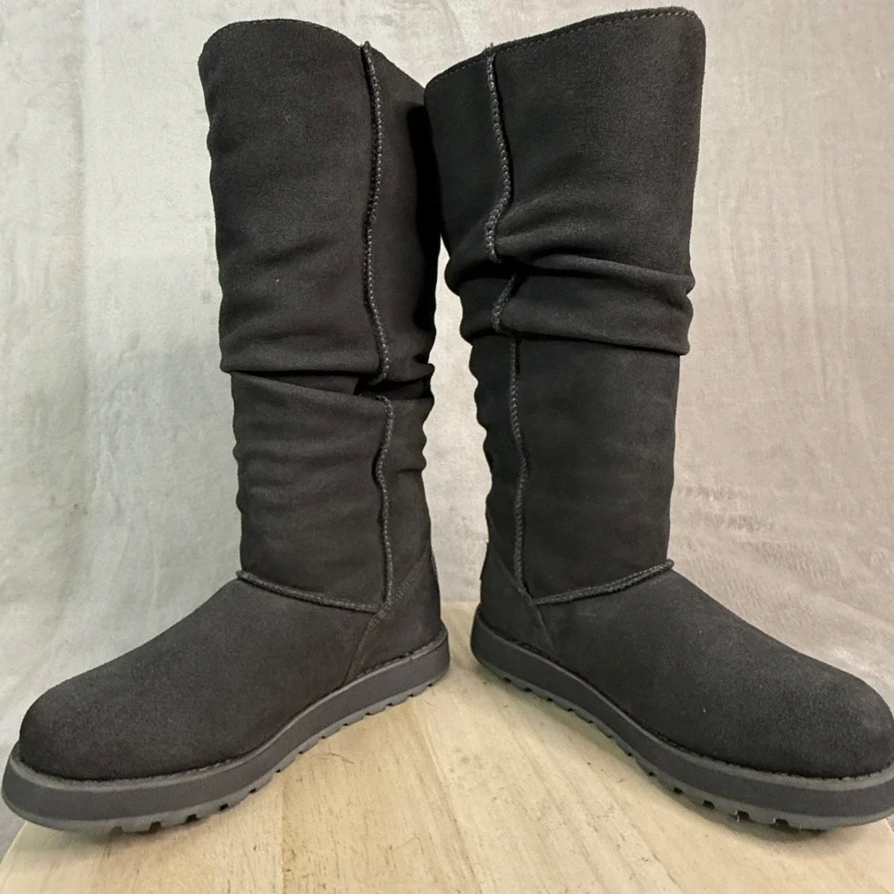 SKECHERS Women's Boots Sz 5 Suede Keepsakes Freezing Point Slouch Faux Fur Shoes